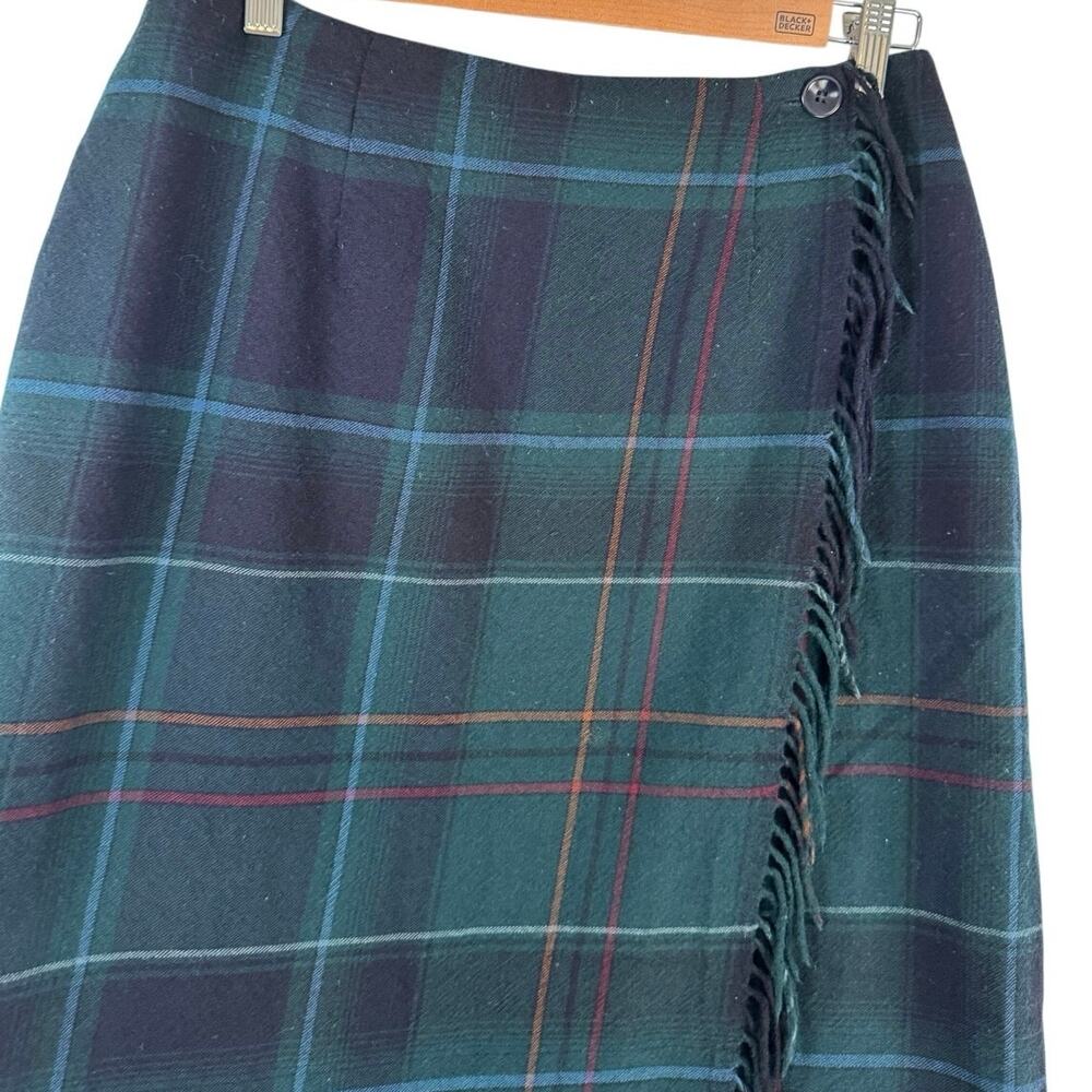 Talbots Women’s 12 Tartan Plaid Wrap Skirt Worsted Wool Green Fringe Cottagecore